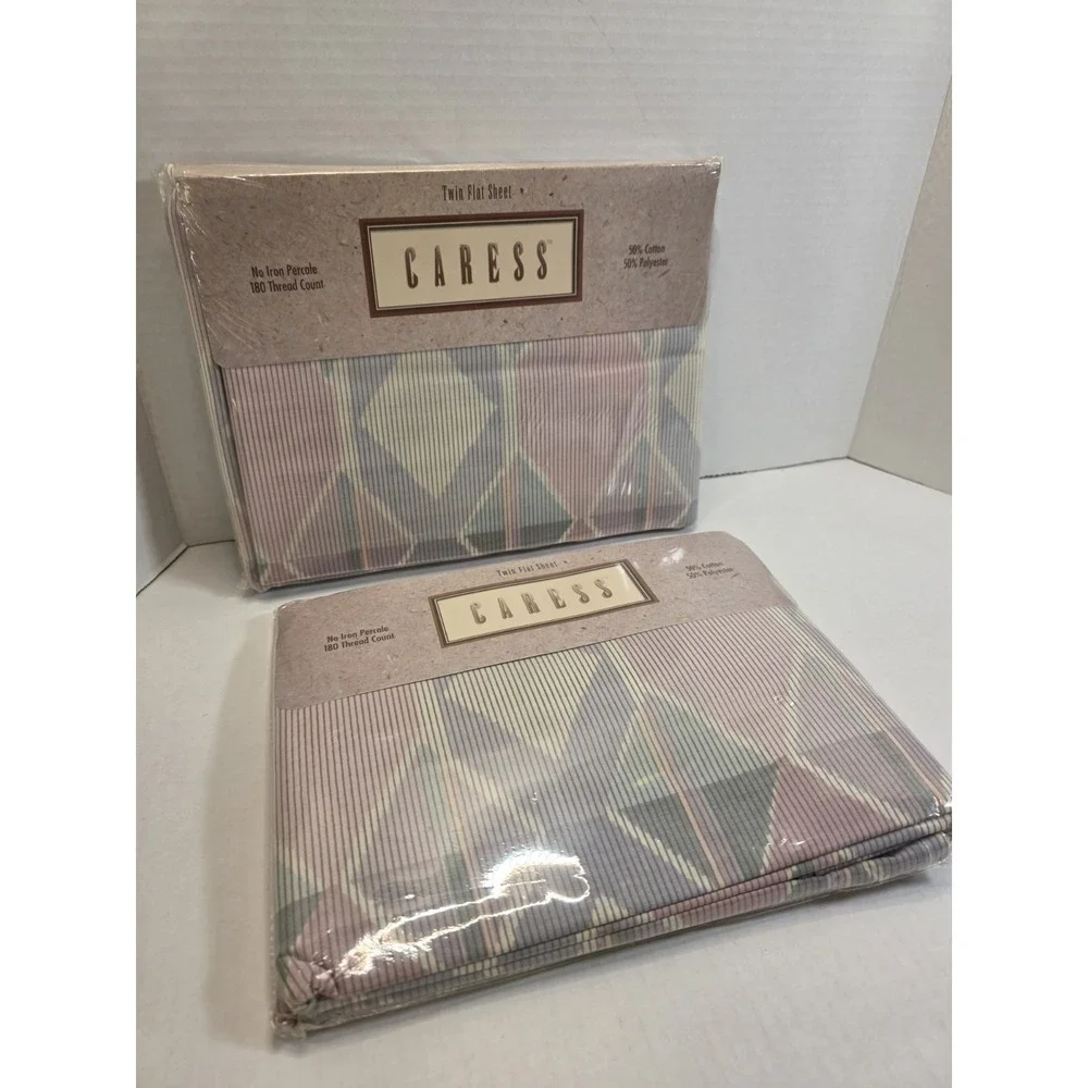 1990's Vintage Mervyns Caress Twin Flat Sheet Lot Of 2 Geometric Pastel NOS